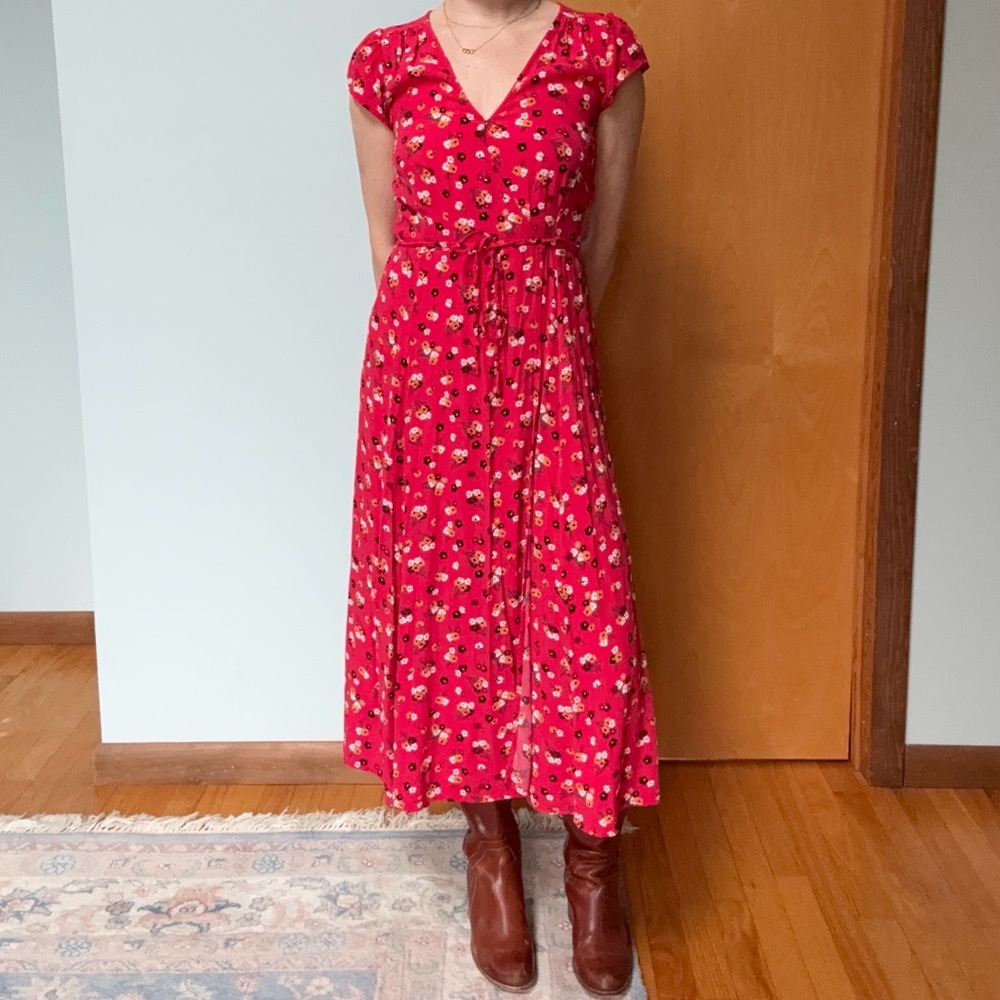 XS Gap Bright Red Floral Print Dress Cottagecore Spring Dress Long Floral Dress